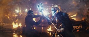 Captain Phasma fights Finn for the last time.