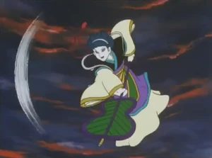 Queen Iron Fan using her fan to fight Nobita.