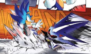 Metal Sonic kicking Sonic.