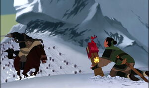 Shan Yu charging at Mulan before she fires a cannon at a mountain.