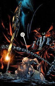 Spawn cuts off the Redeemer's wings revealing Eddie Frank inside.