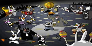 Sergueï and another Timid Rabbid dancing in the fifth arcade map.