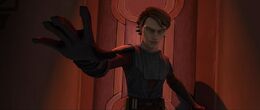 Anakin unarmed and trapped in the Senate Building.