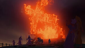 Frollo grabs another torch and sets the miller's house ablaze himself.