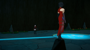 Cinder stares down Raven mid-fight.