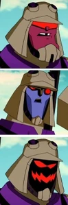 Blitzwing's three faces, those being Hothead (top), Icy (middle), and Random (bottom).