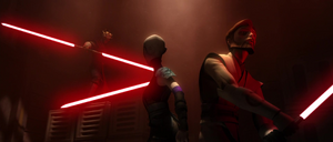 A lightsaber duel began, with Opress pitting their combined strength against Ventress and Kenobi.