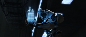 Grievous communicates with holograms of Dooku and Nix Card.