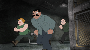 The goons pursuing Monty and Perry throughout the warehouse.