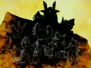 The silhouette of Kaiser Hades seen in the intro.