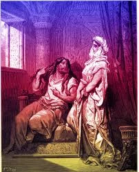 Delilah urging Samson to tell her his secret.