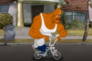 Deebo riding his bike during the neighborhood flood.
