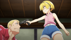 Satoko holding Teppei at gun point.