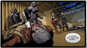 Wraith, Stitch and Templar's Shadow hold Sophia Hostage while Templar saves her after killing Stitch's men with knives.