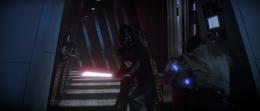 Blade-locking with the boy, Vader threw him against a wall and slashed at him, but Skywalker recovered just in time to avoid Vader's attack.