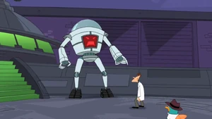 The mecha turning against Doofenshmirtz, planning to dispose of him and Perry.