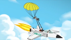 Bannister attempting to escape via parachute, only to be caught on a jet by Peter the Panda.