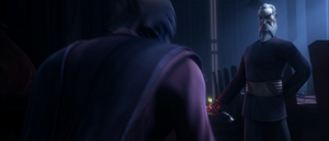 Anakin quickly cut down the two Magnaguards in the room and rushed forward to duel with Dooku, ordering Palpatine to flee.