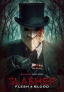 A promo photo of The Gentleman holding a bloody knife.