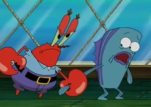 Mr. Krabs stopping a customer from picking up a penny he found on the floor.
