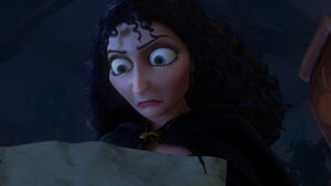 Gothel seeing the wanted poster has an illustration for a thief named Flynn Rider.