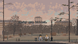 The protagonist and his informant sitting and talking on a park bench.