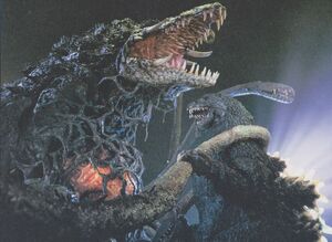 Biollante and Godzilla struggling to gain the upper hand.