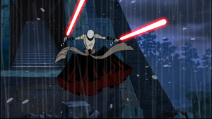 They trade blows for several seconds until Skywalker Force pushes Ventress off the temple.