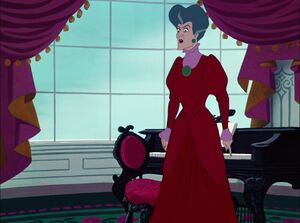 Lady Tremaine angrily reprimanding Cinderella for interrupting the lesson until she reveals she has an invitation from the palace.