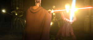 The MagnaGuards joined the fray, and gave Dooku the upper hand when he managed to disarm Skywalker.