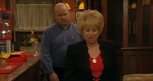Phil gets told off by Peggy for kicking off in the pub (2002).
