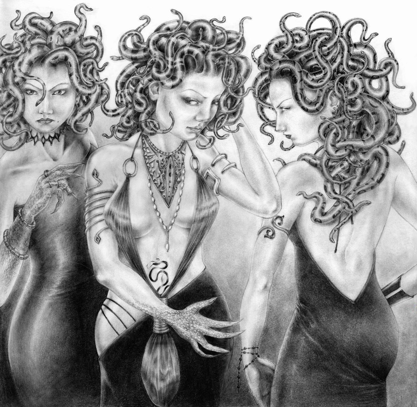 Gorgons (gorgos, means dreadful) 3 sisters, Stheno, Euryale and Medusa.  With heads of living snakes that would…