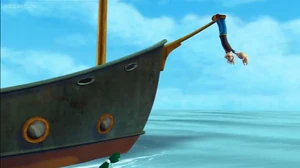 Popeye and the Sea Hag, disguised as the Lady of the Depths, meeting.