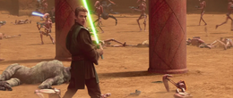 Skywalker took up a green lightsaber and fought the droids alongside Amidala.