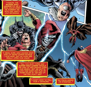 The Batman Who Laughs infecting Shazam with Dark Matter using a tainted Batarang.