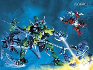 Karzahni facing the two Matoran, Sarda and Idris.