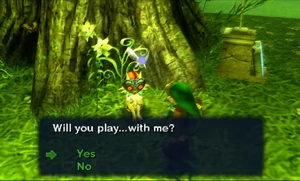 Majora asking Link to "play".
