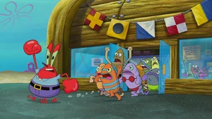 Mr. Krabs and the Bikini Bottom citizens angrily runs to the Chum Bucket.