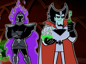 Vlad holding the Crown of Fire and the Skelton key with the Fright Knight next to him.