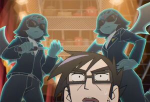 Gideon is surrounded by Matthew's hipster demon chicks.