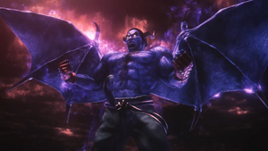 Kazuya transforming into Devil Kazuya in his Super Smash Bros. Ultimate reveal trailer.