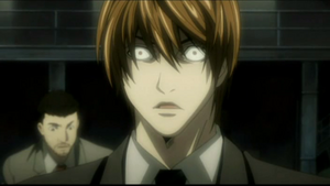 Light's fearful Expression after realising Mikami failing to write each Member of the Task Force's Name in the Death Note, leading to being exposed by Near.