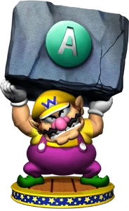 Wario is holding a block in "Button Mashers" in Mario Party 5.