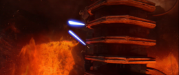 Vader savagely battles Obi-Wan on the severed structure.