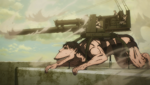 Pieck Finger's Cart Titan, donning a gear manned by Marleyan soldiers.