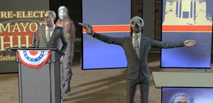 OswaldDebate.png (555 KB) Hill taken hostage on stage by the Penguin and the Children of Arkham during the mayoral debate.