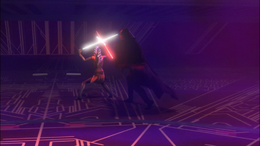 Tano is parrying her white lightsabers against Darth Vader's lightsaber.