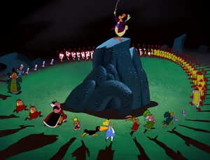 The Queen of Hearts and the inhabitants of Wonderland chasing Alice in a crazy dance organized by the Dodo.