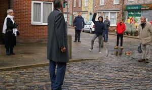 David joins his neighbours in protesting against businessman Ray Crosby over his plans to demolish Weatherfield.