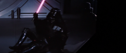 Vader catches his balance on the floor of the throne room.